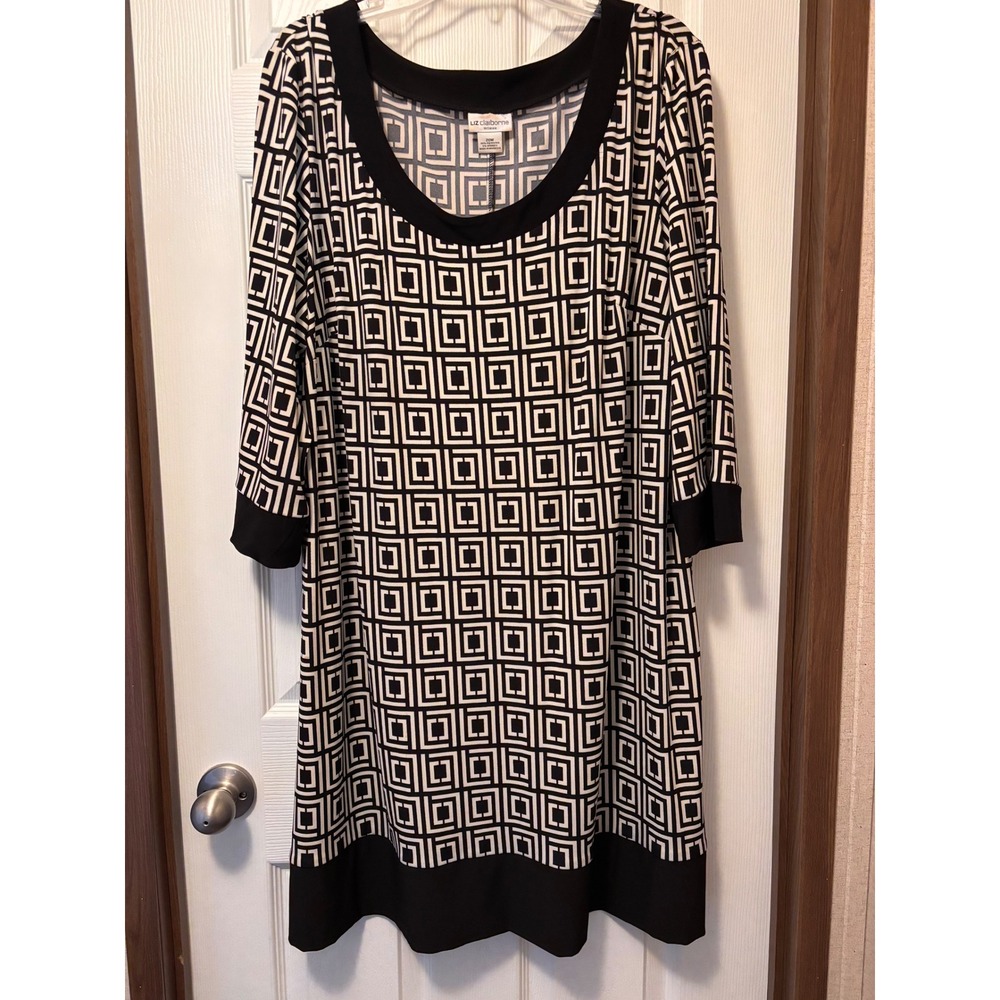 Liz Claiborne Woman Dress 20W Black White Geometric Greek Key 3/4 Sleeve Shift